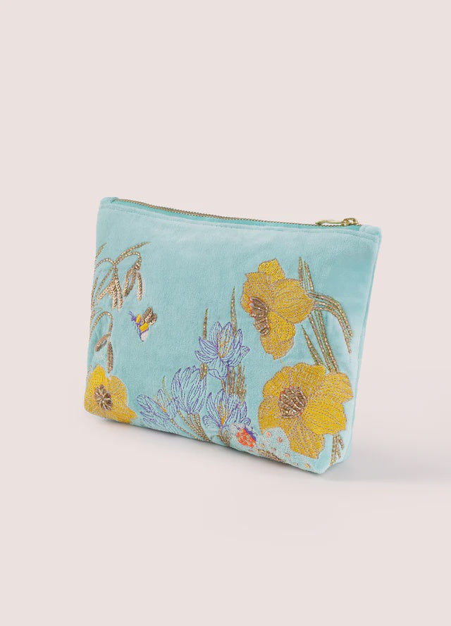 Powder Mid Size Velvet Embroidered Zip Pouch-Wildflower Meadow