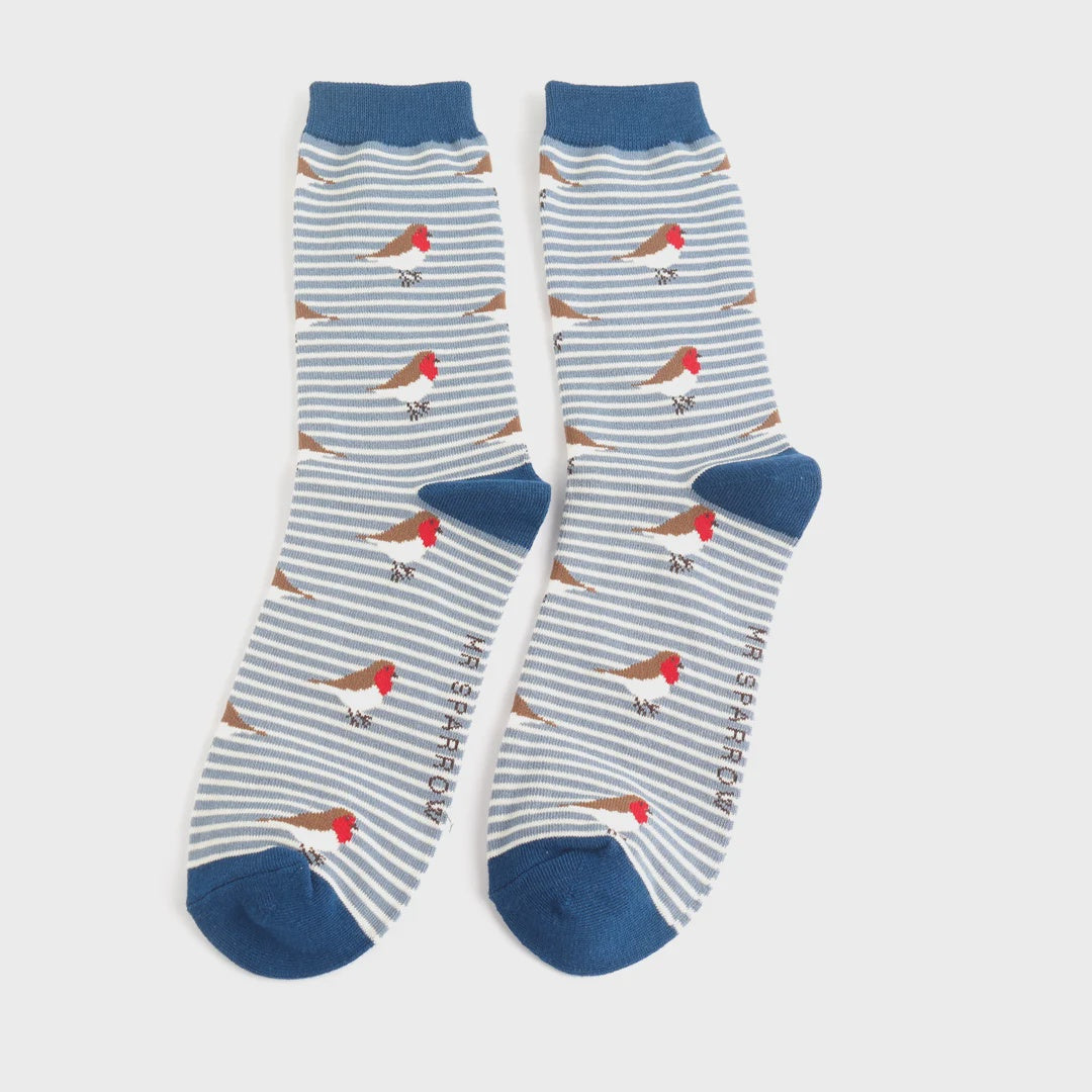 Mr Sparrow Robins on Stripes Socks Denim