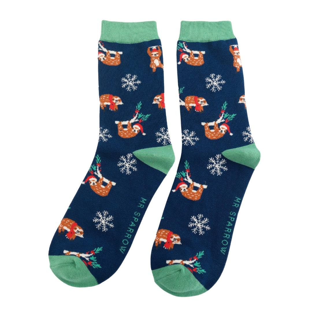 Mr Sparrow Xmas Sloths Socks Navy