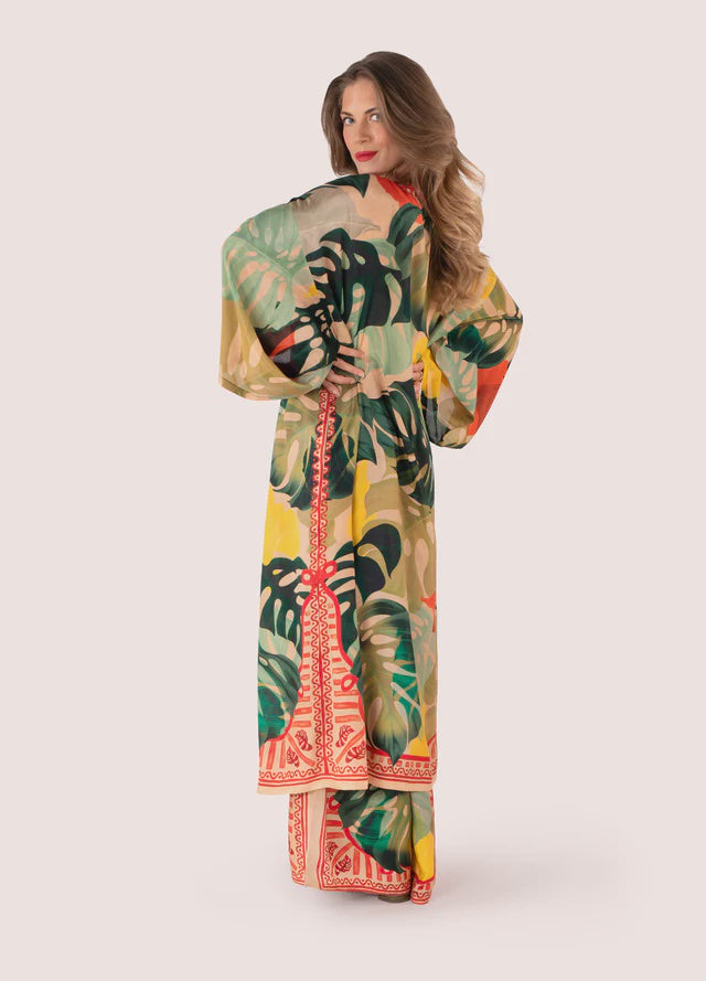 Powder Exotic Leaves Modal/Cupro Long Kimono Gown