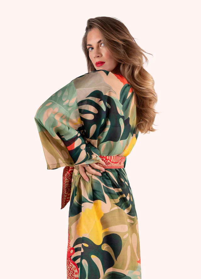 Powder Exotic Leaves Modal/Cupro Long Kimono Gown