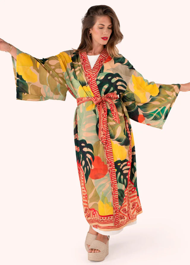 Powder Exotic Leaves Modal/Cupro Long Kimono Gown