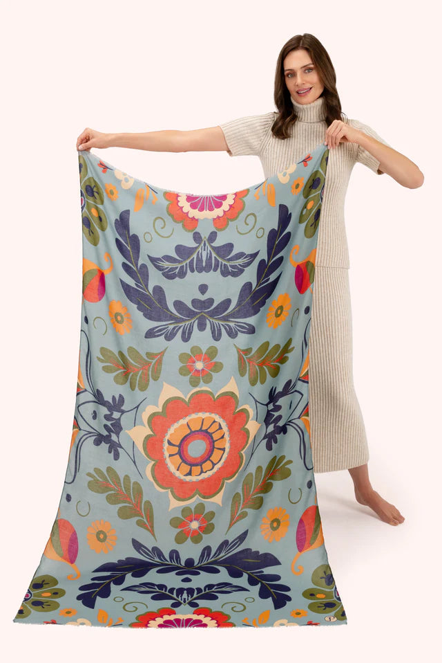 Powder Folk Floral Print Scarf  - Winter Ice