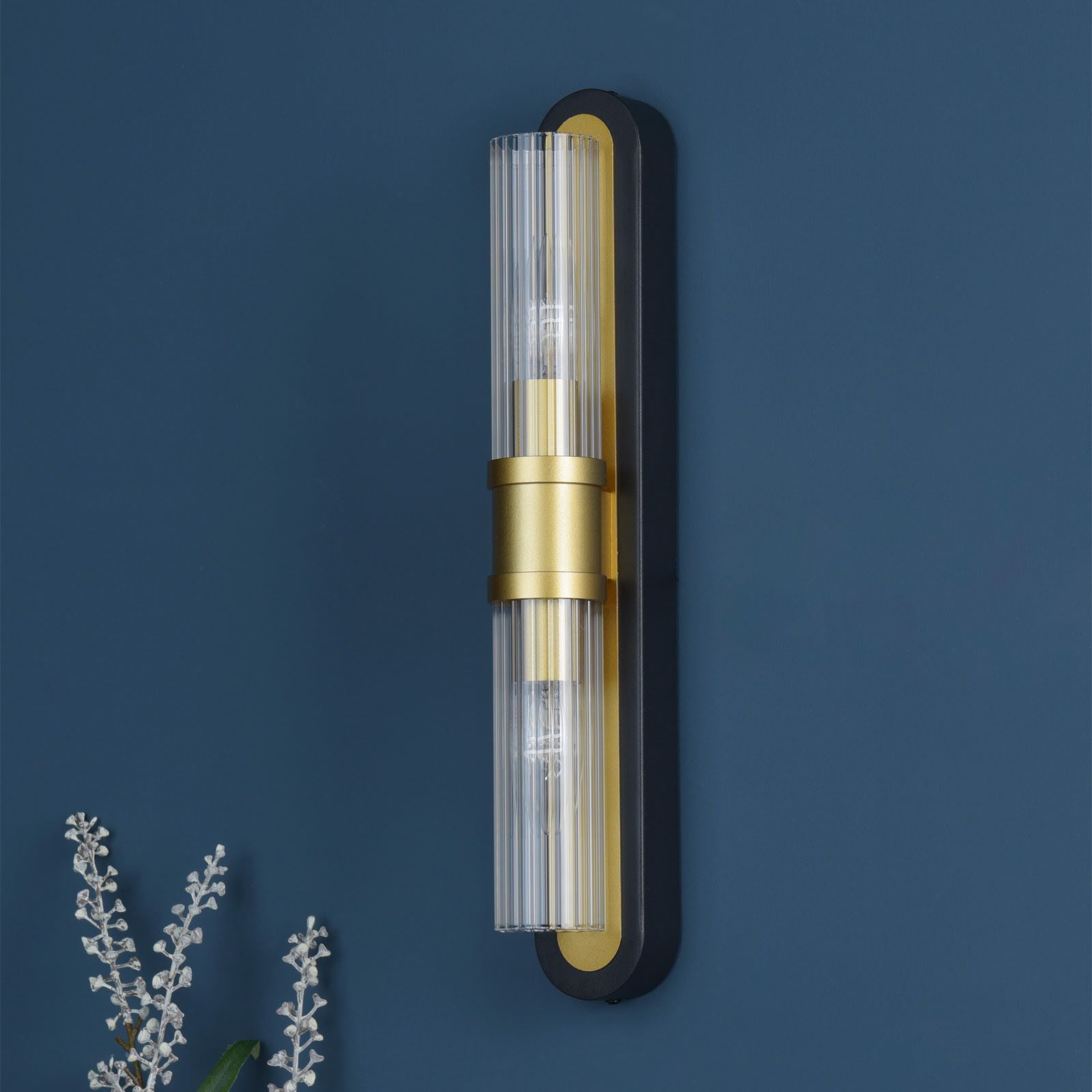 Rhian 2 Light Wall Light Matt Black and Ribbed Glass