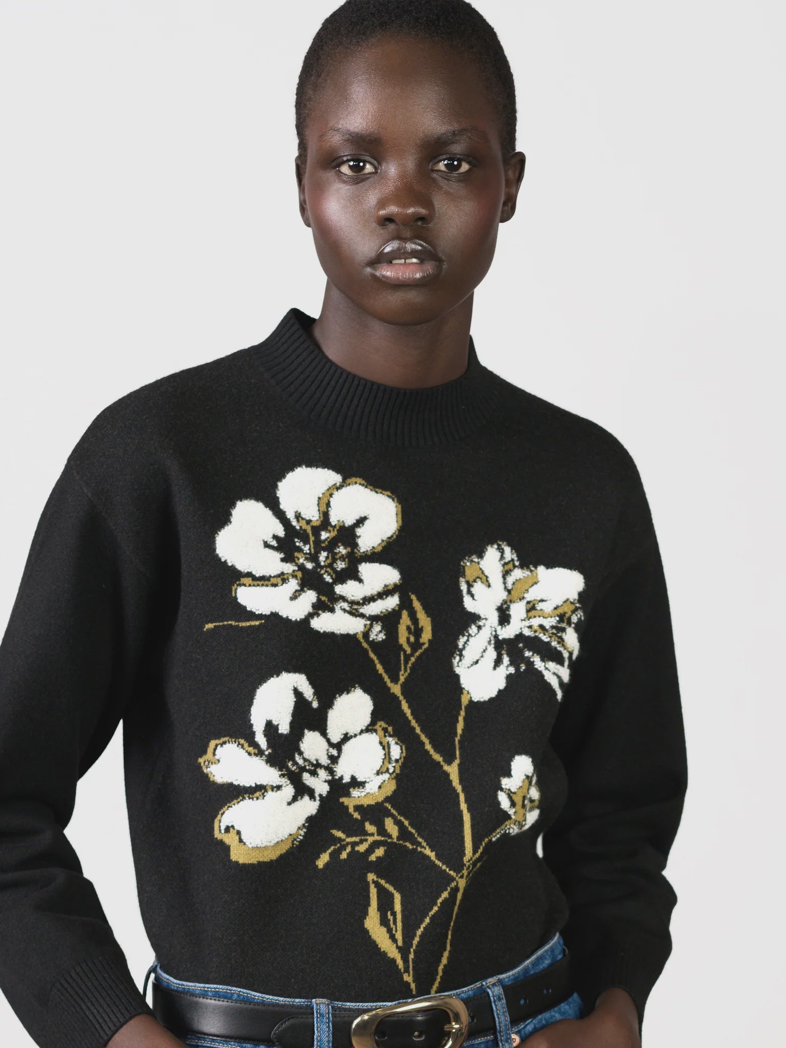 French Connection Oriana Floral Neck Jumper Black/Khaki Green Multi