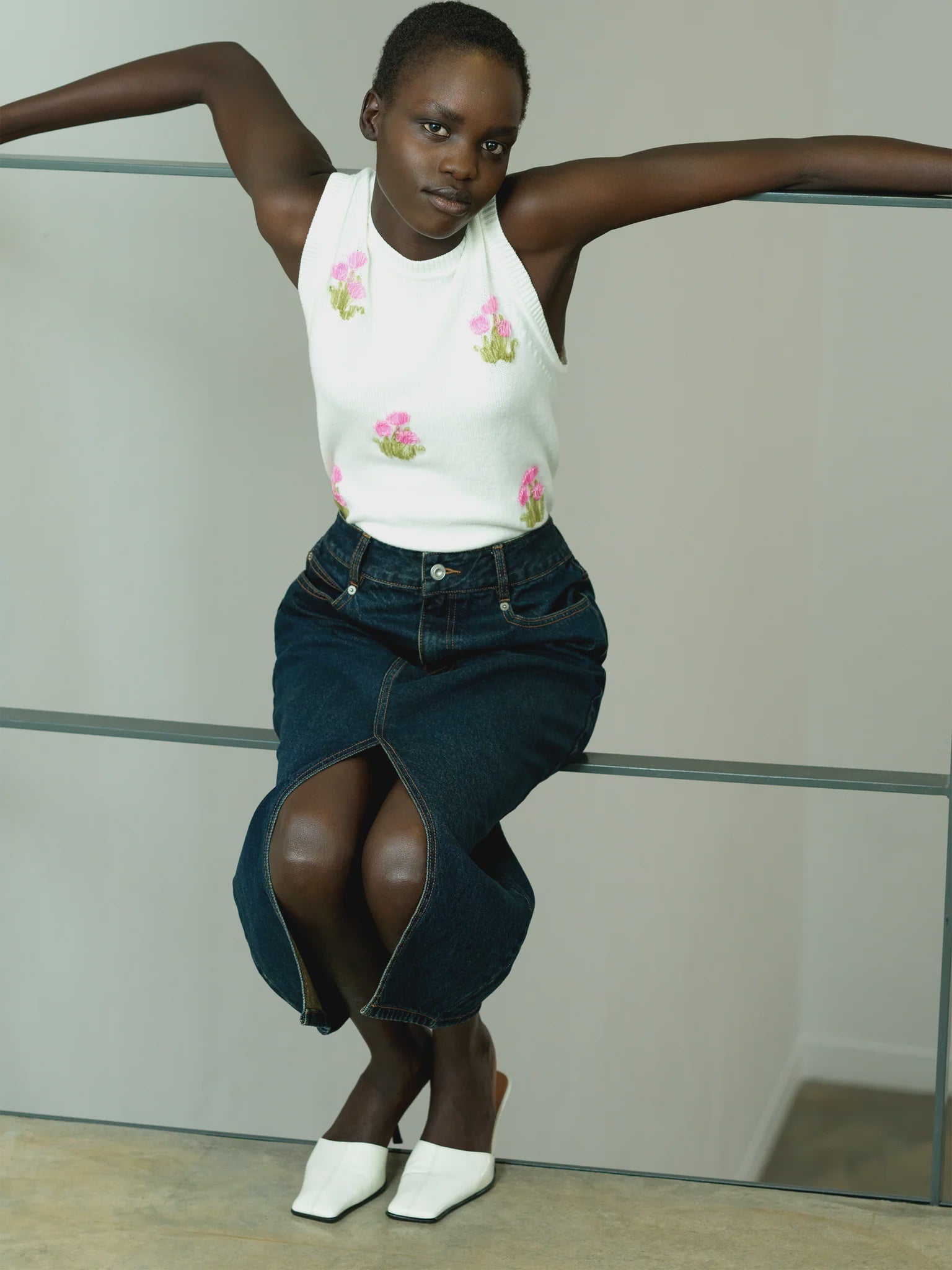 French Connection Junie Floral Applique Vest Porcelain Cream/French