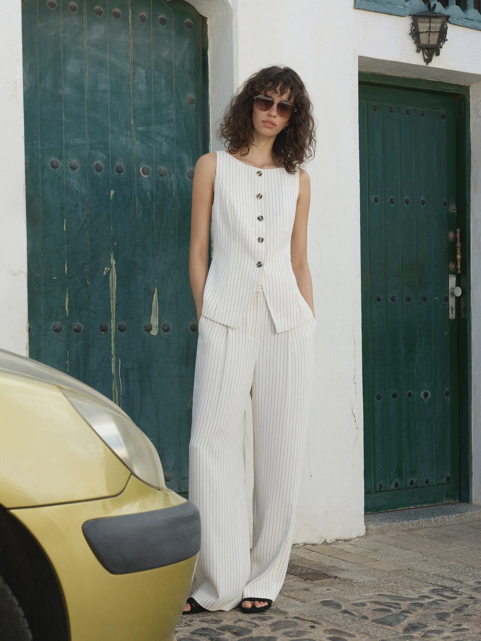 French Connection Vinnie Pinstripe Waistcoat Porcelain Cream-Black