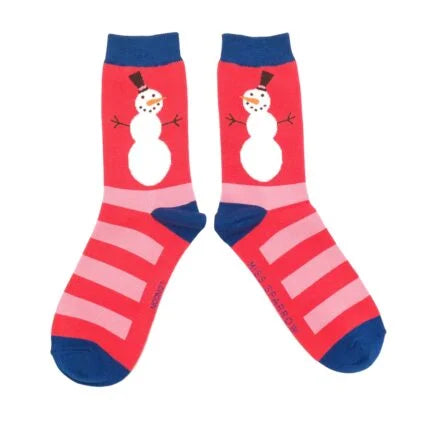 Miss Sparrow Snowmen Stripes Socks Red