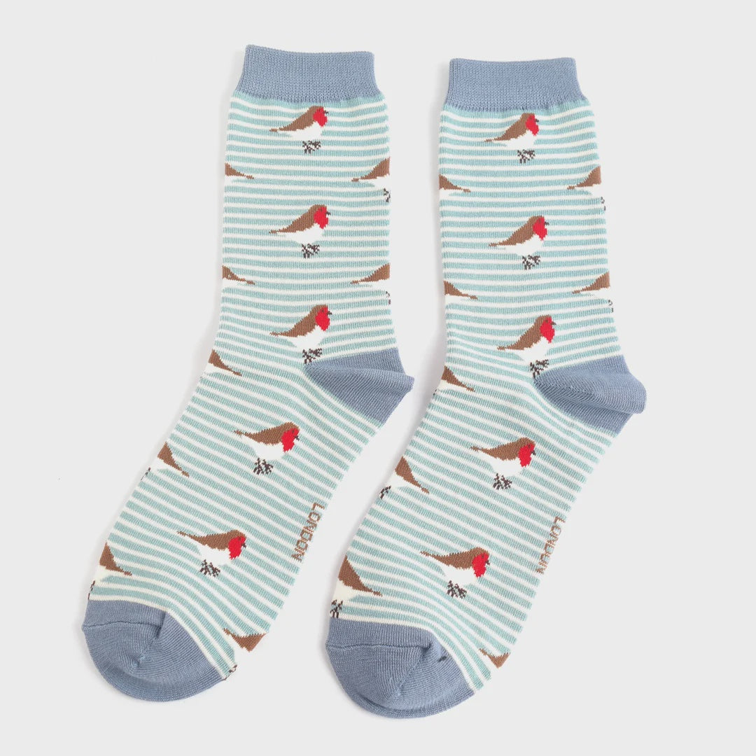 Miss Sparrow Robins on Stripes Socks Duck Egg