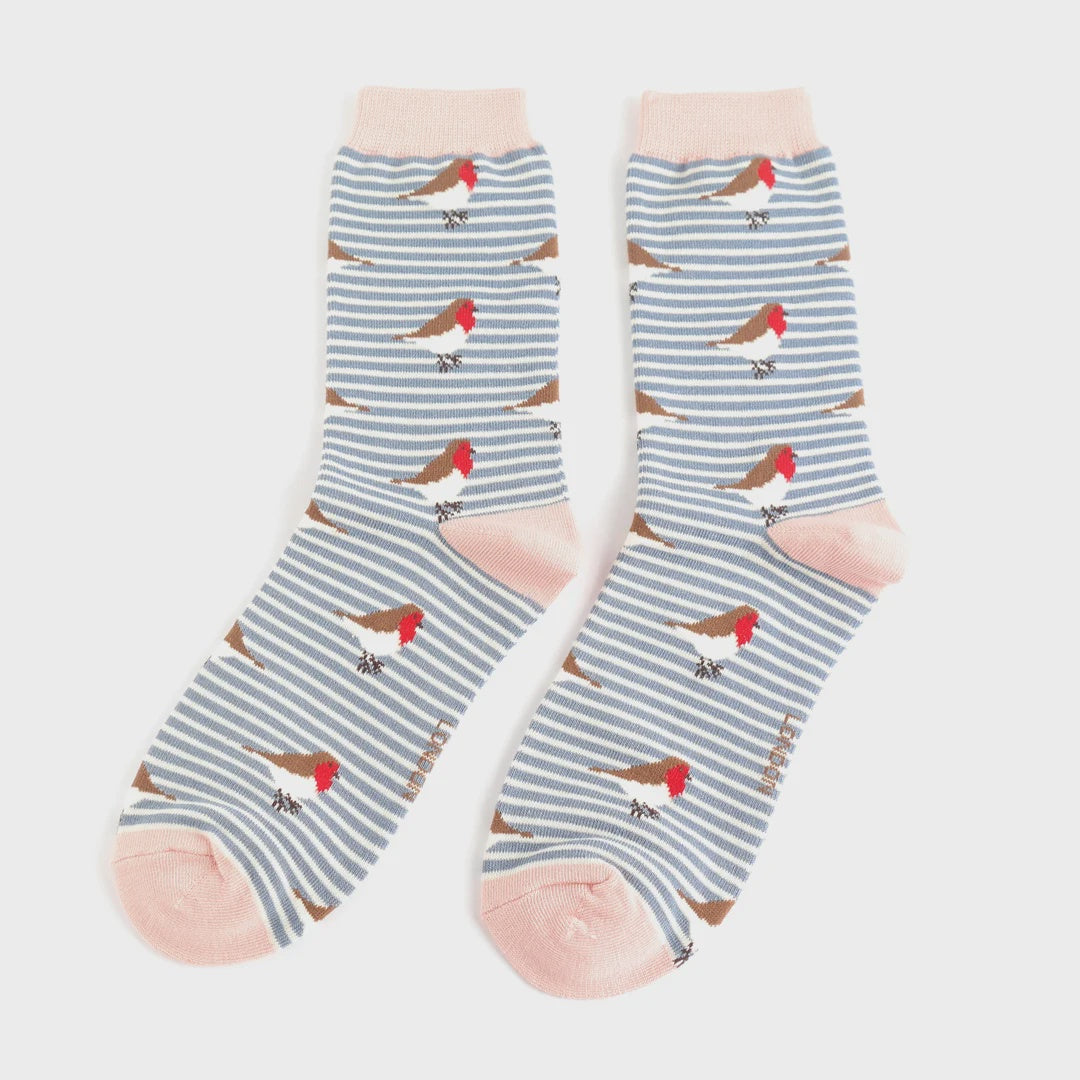 Miss Sparrow Robins on Stripes Socks Denim