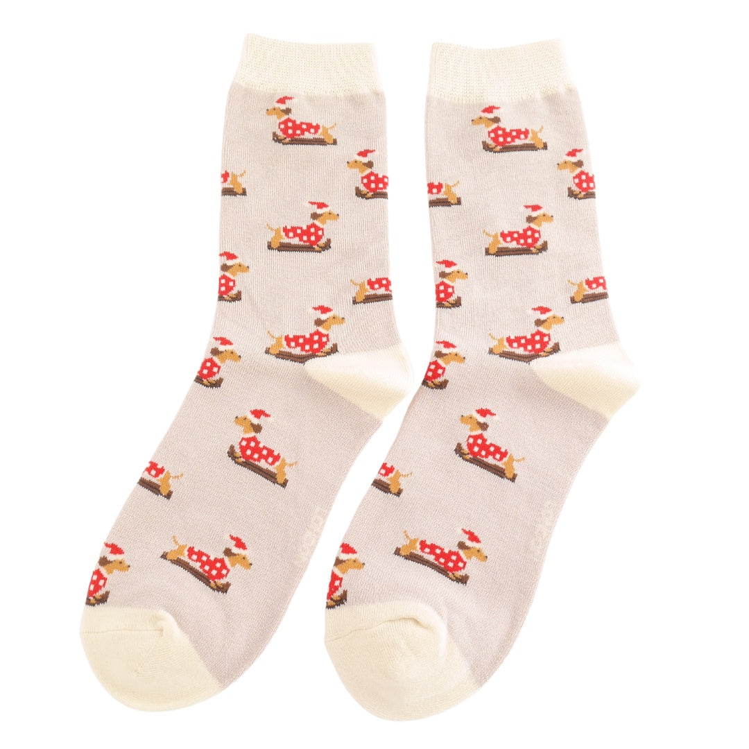 Miss Sparrow Skiing Sausage Dogs Socks Silver