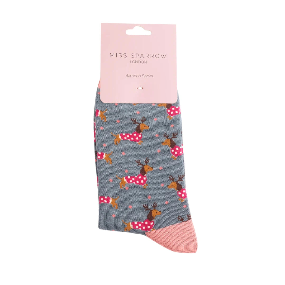 Miss Sparrow Xmas Sausage Dogs Socks Denim