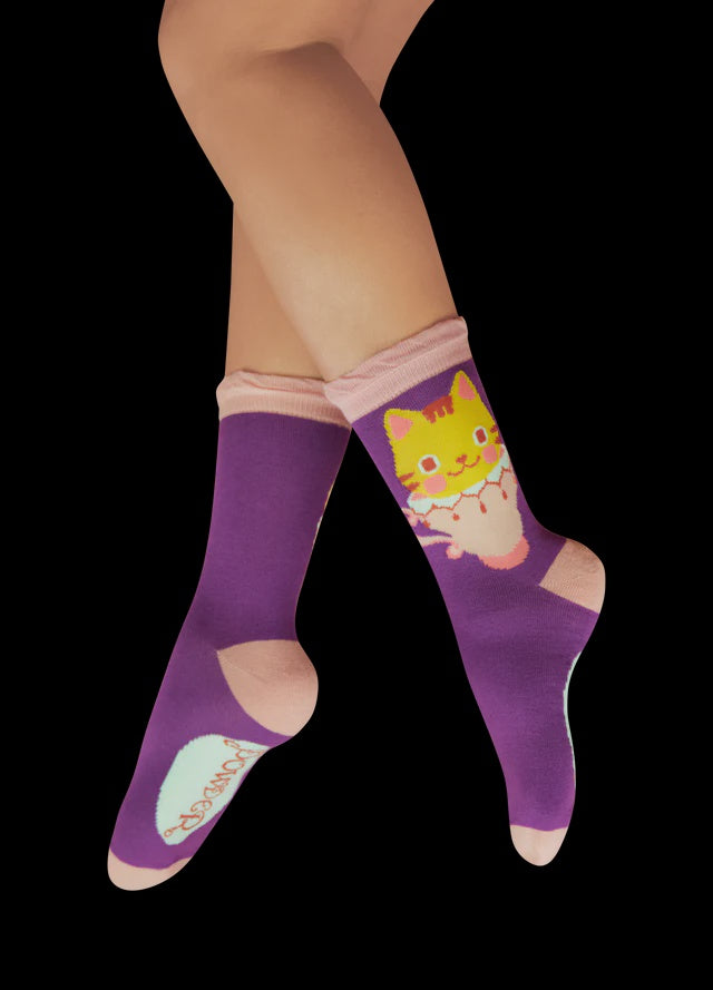 Powder Afternoon Tea Kitty Ankle Socks - Lavender