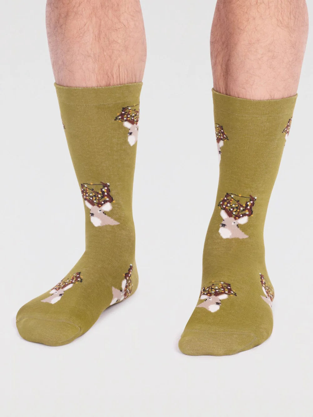 Thought Celyn GOTS Organic Cotton Christmas Stag Socks Lichen Green 7-11