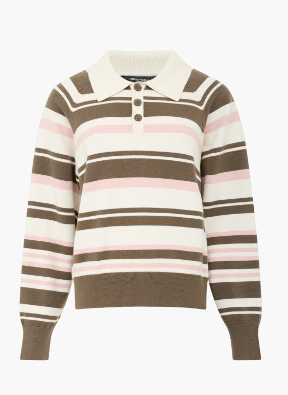 French Connection Yaz Rugby Polo Knit Strp Jumper Vintage Khaki Multi
