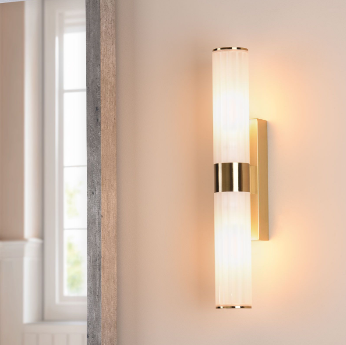 Lars 2 Light Bathroom Wall Light Brushed Gold and White Frosted Acrylic IP44