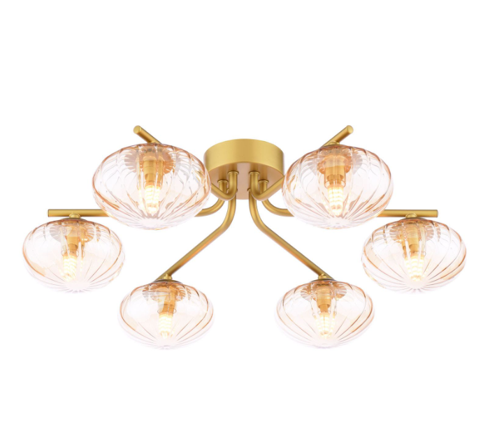 Ede 6 Light Semi-Flush Satin Gold and Amber Glass
