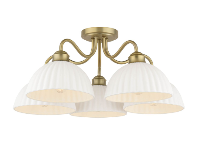 Laura Ashley Durford 5 Light Semi-Flush Matt Antique Brass and White Ceramic