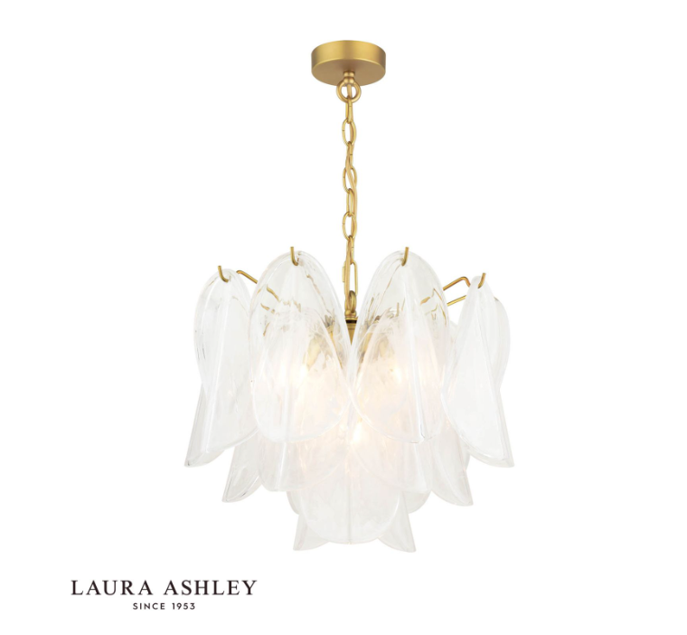 Laura Ashley Stannington 4 Light Pendant Matt Antique Brass and White Glass