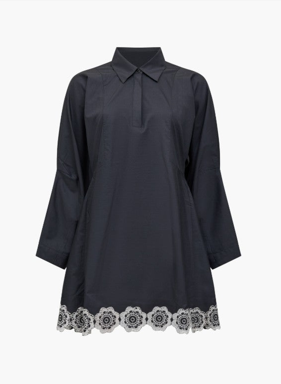 French Connection Era Poplin Broiderie Mini Dress Black/Porcelain Cream