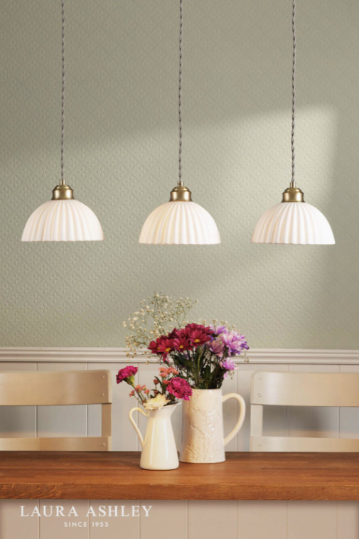 Laura Ashley Durford 3 Light Bar Pendant Matt Antique Brass and White Ceramic