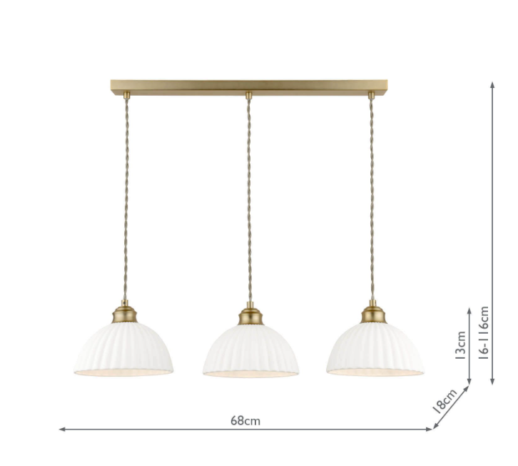Laura Ashley Durford 3 Light Bar Pendant Matt Antique Brass and White Ceramic