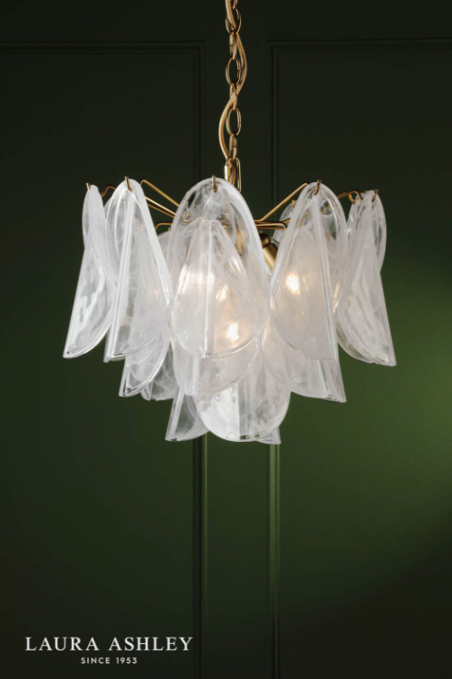 Laura Ashley Stannington 4 Light Pendant Matt Antique Brass and White Glass