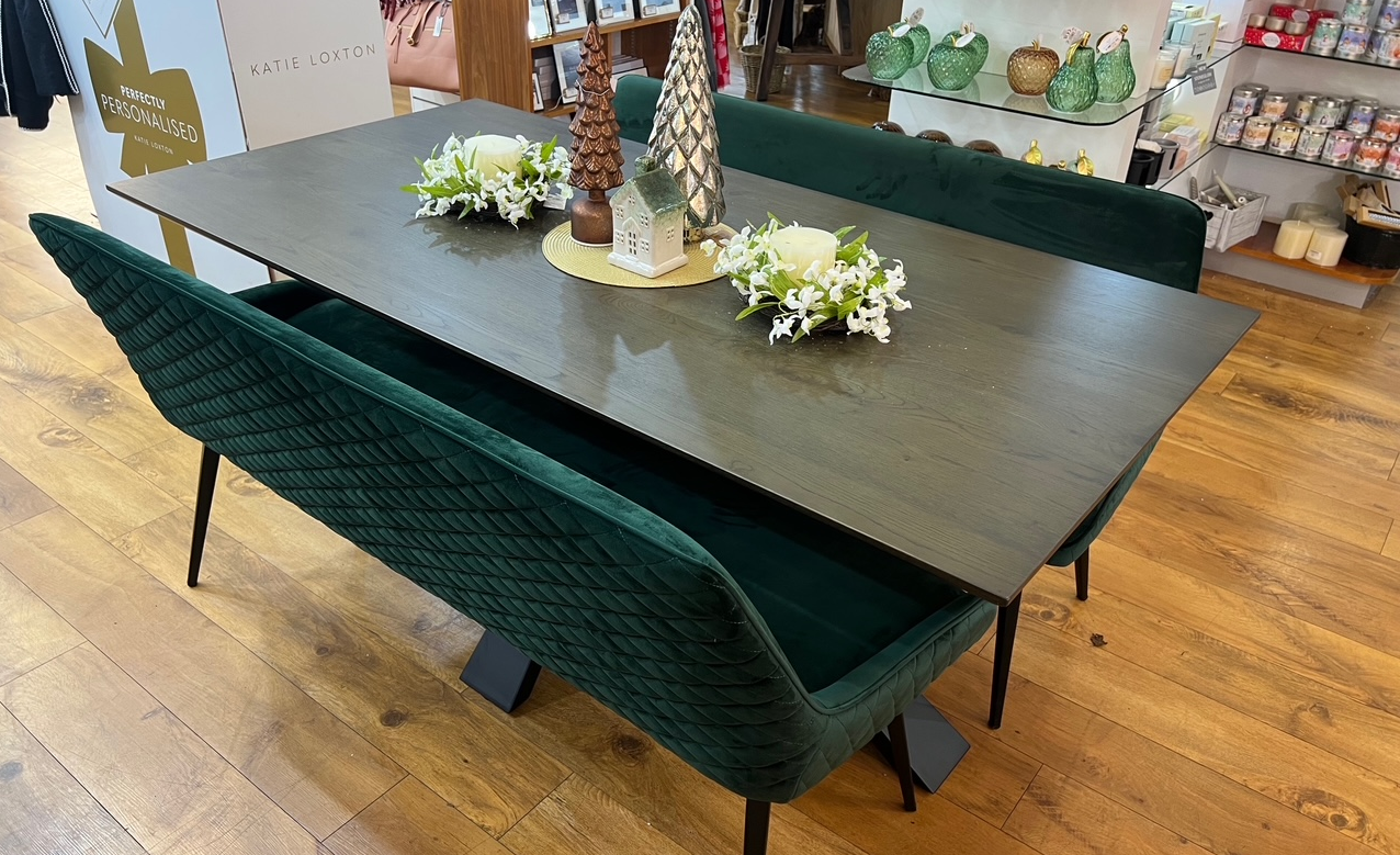Stamford Walnut Oak Fixed 180cm Table With Metal And Two Green Benches