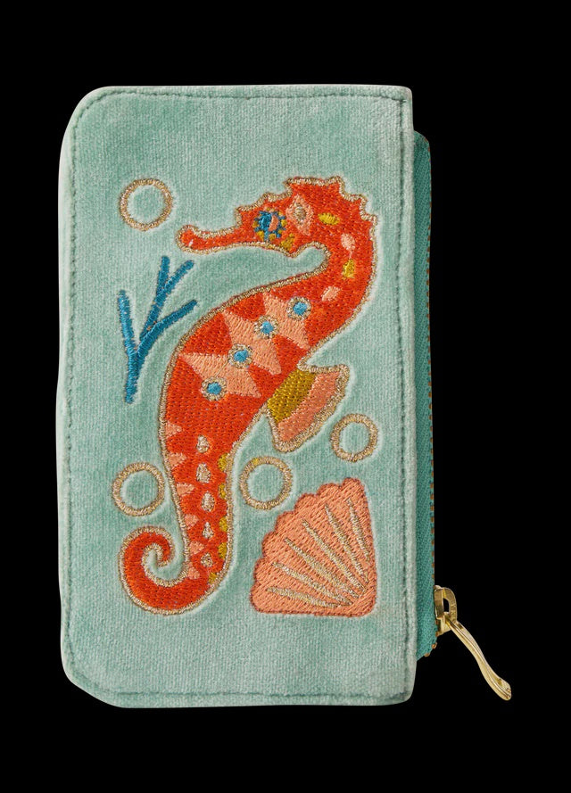 Powder Sparkling Seahorse Velvet Card Holder - Aqua