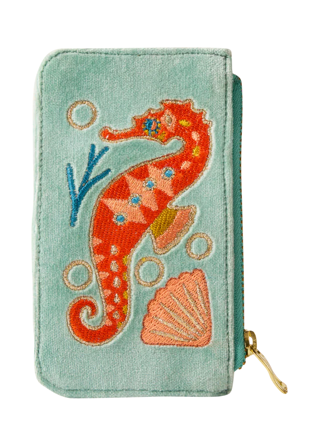 Powder Sparkling Seahorse Velvet Card Holder - Aqua