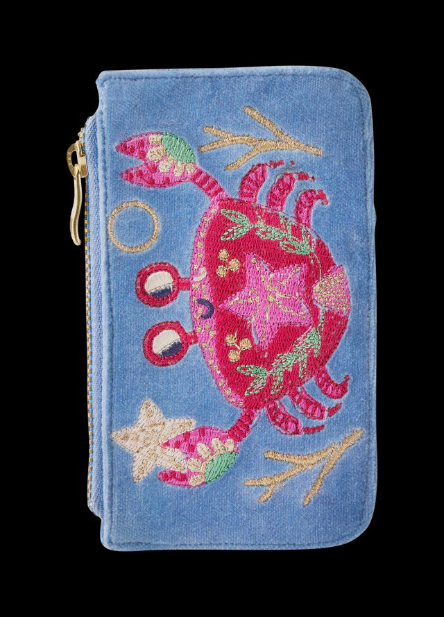 Powder Seafaring Crab Velvet Card Holder- Cornflower