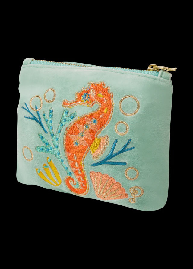 Powder Sparkling Seahorse Velvet Mini Pouch - Aqua