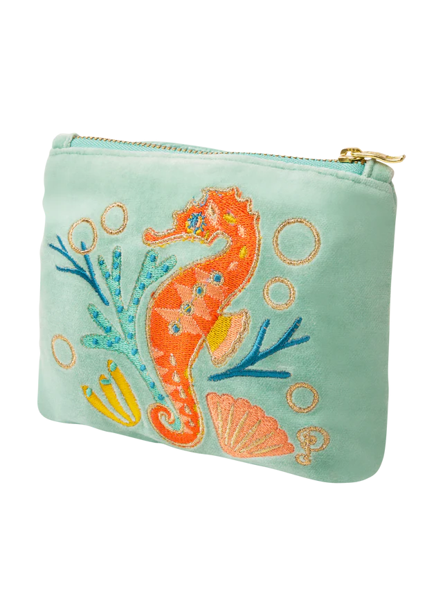 Powder Sparkling Seahorse Velvet Mini Pouch - Aqua