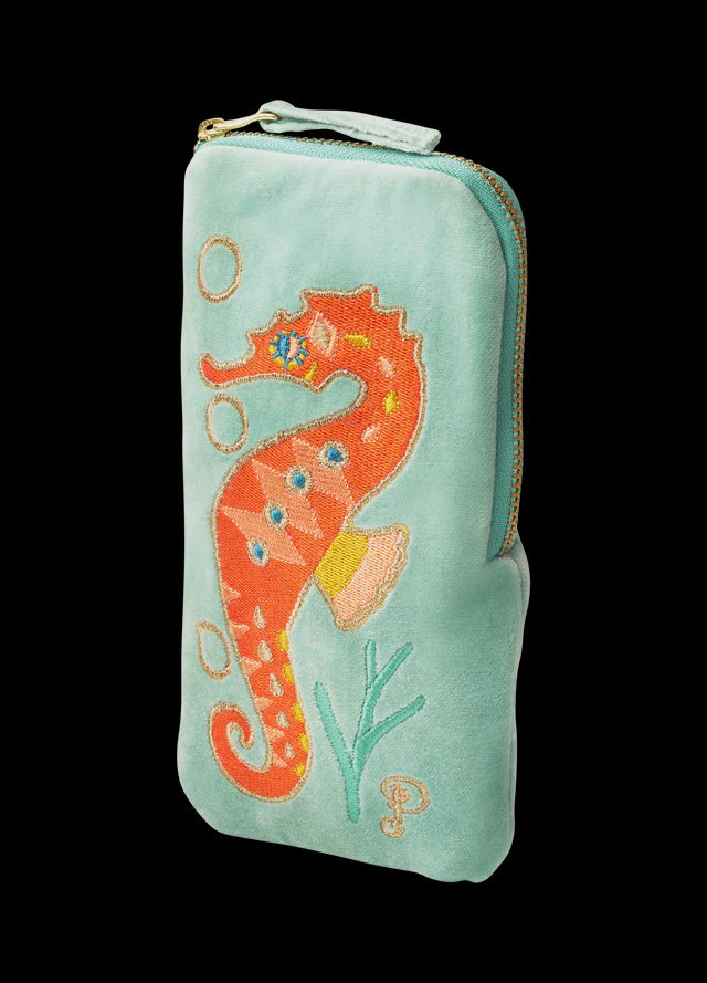 Powder Sparkling Seahorse Velvet Sunglasses Pouch - Aqua