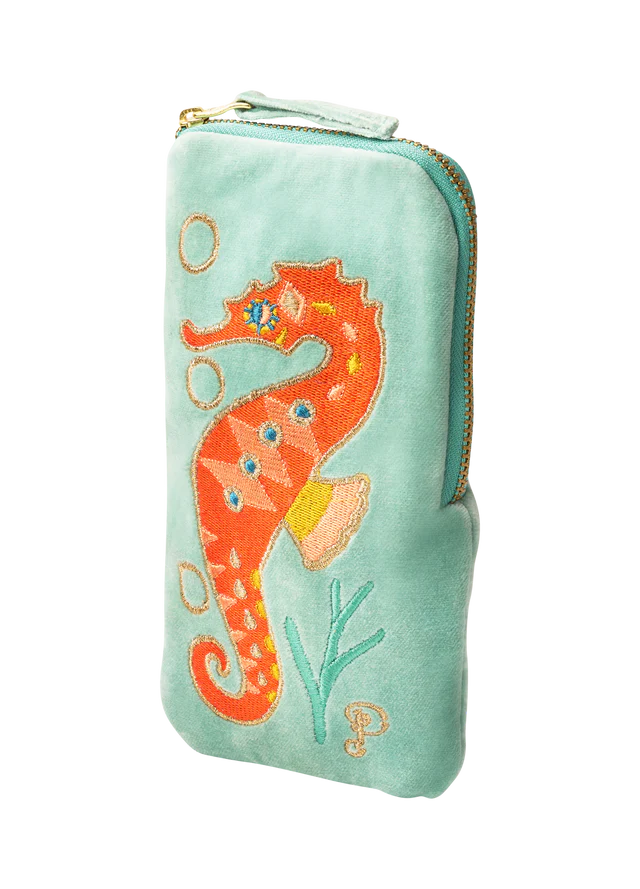 Powder Sparkling Seahorse Velvet Sunglasses Pouch - Aqua