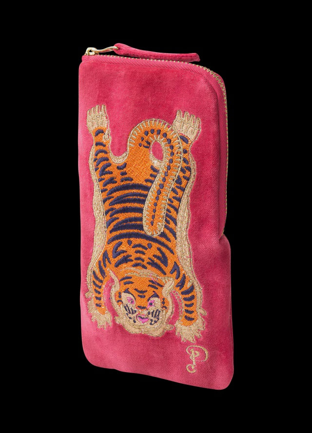 Powder Ikat Tiger Velvet Sunglasses Pouch - Fuchsia