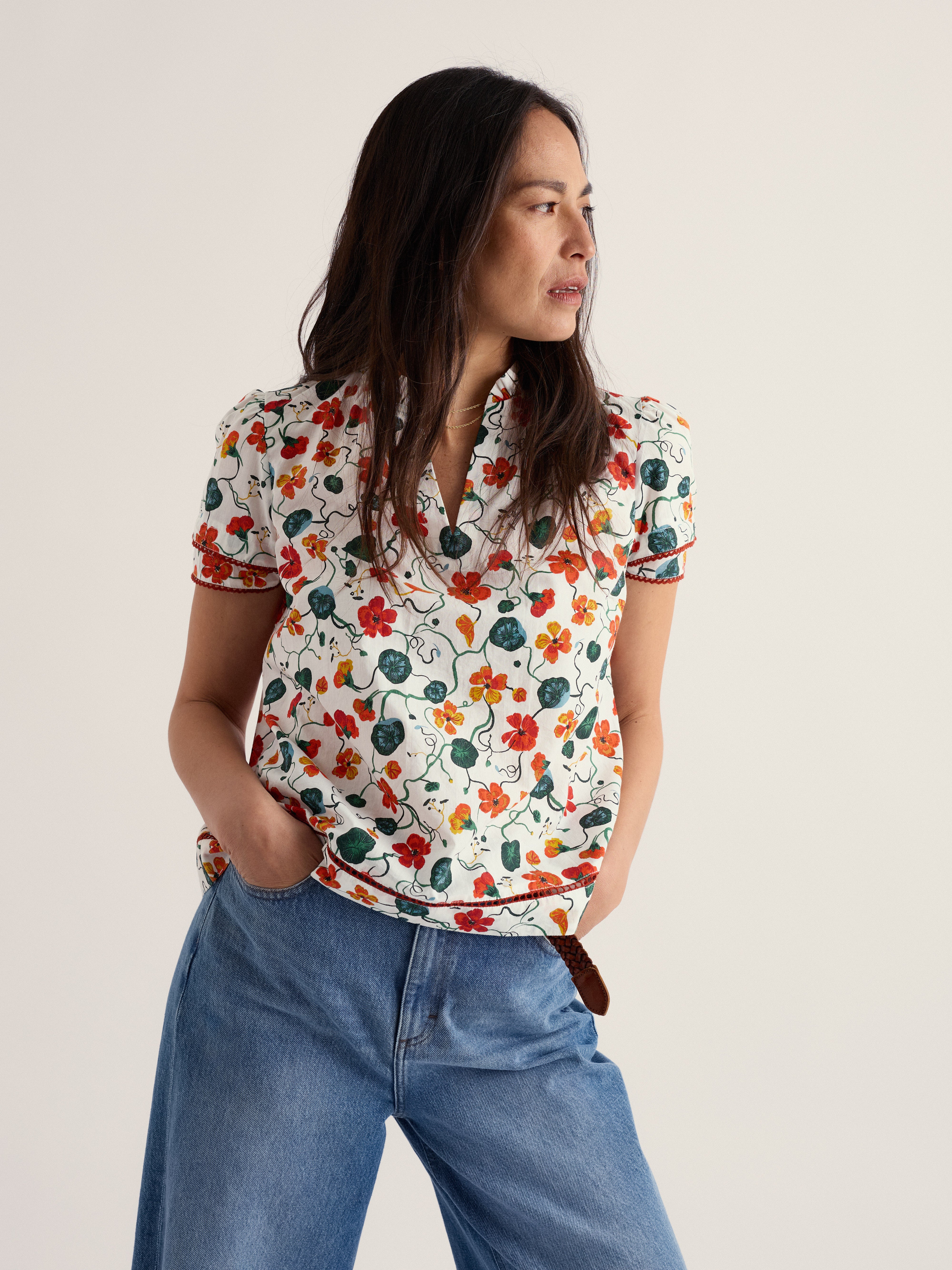 Seasalt Wild Lily Organic Cotton Top Nasturtium Press Chalk
