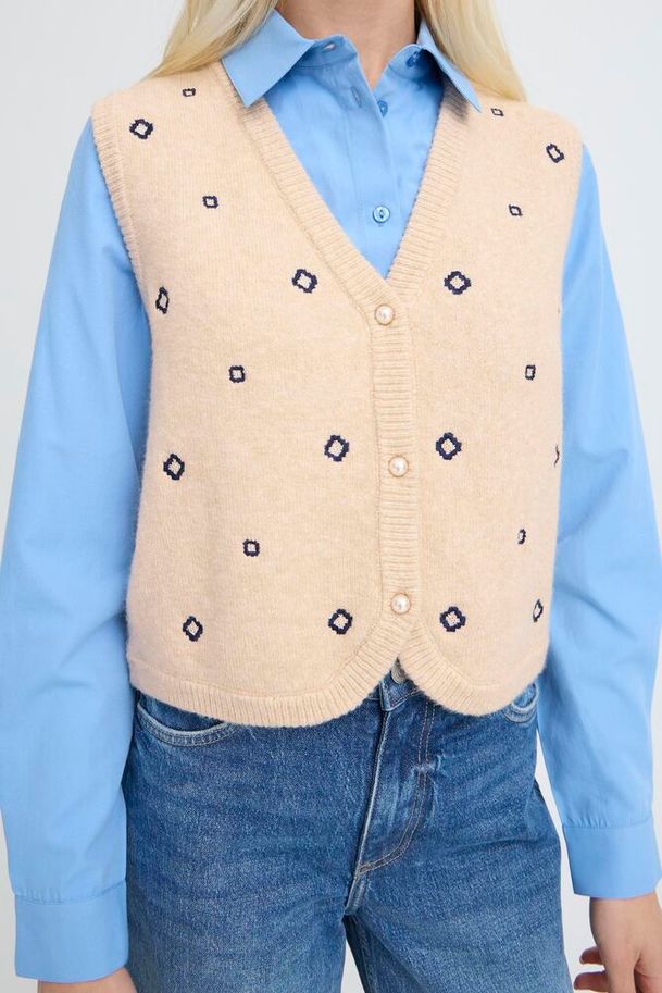 b.young Nadika Emb Vest Oyster Gray Geometric Emb