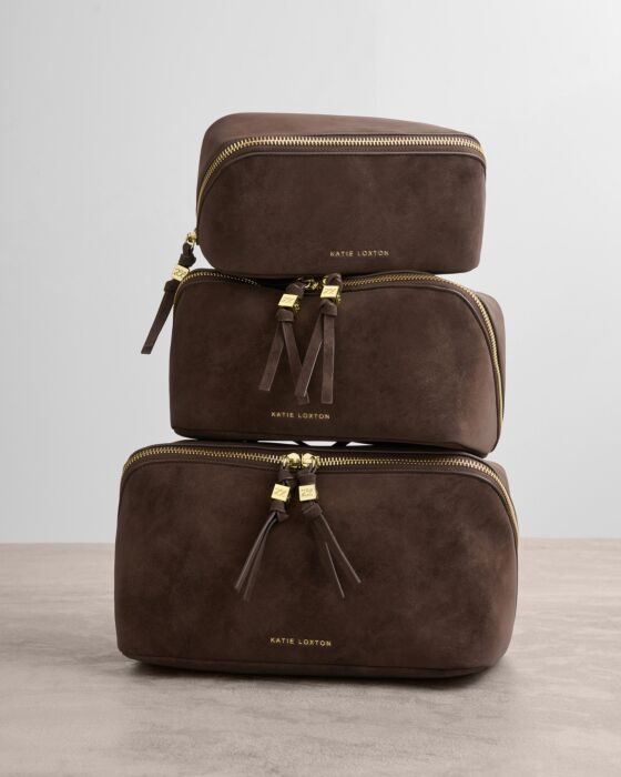 Katie Loxton Chocolate Suedette Soho Medium Make Up & Wash Bag
