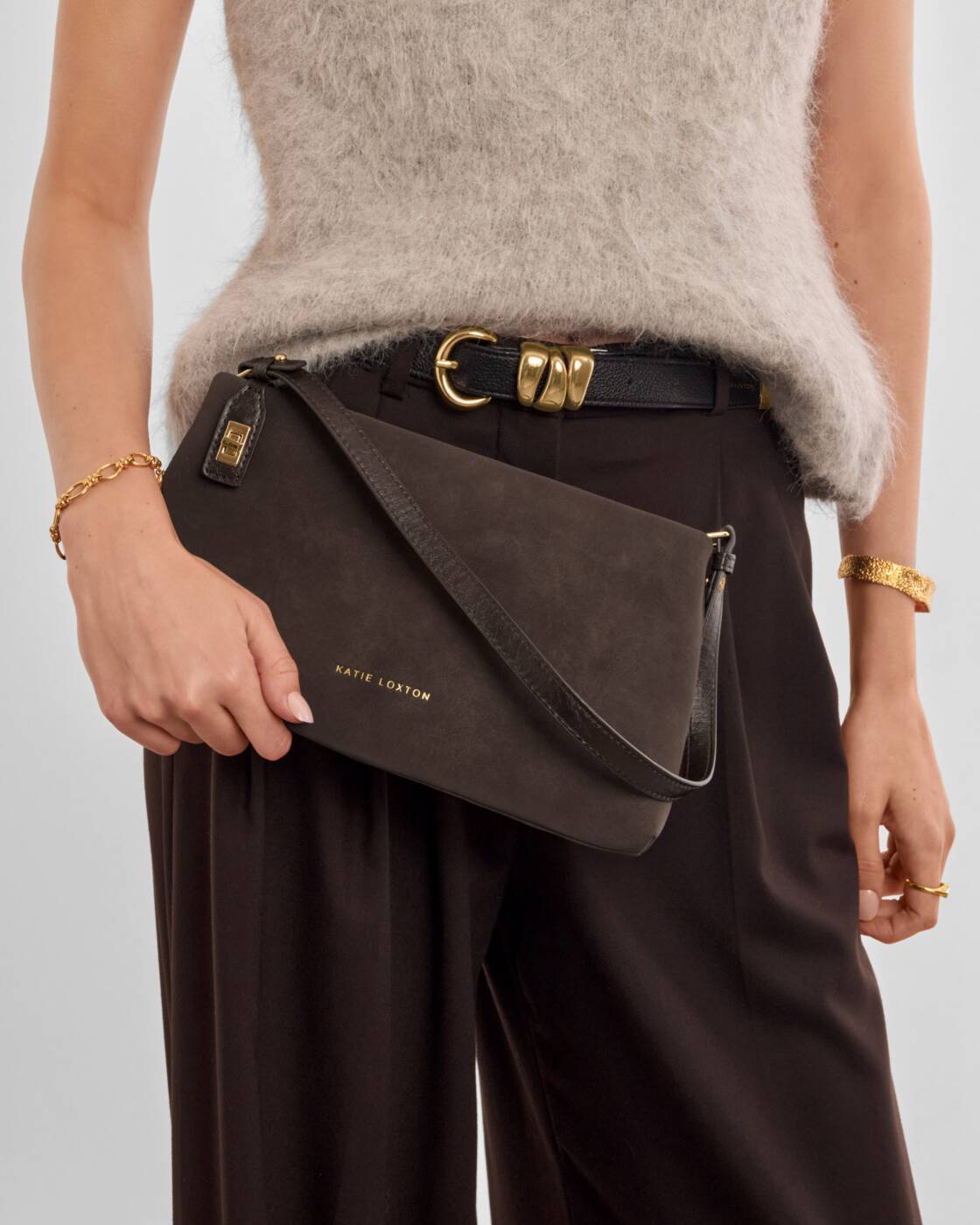 Katie Loxton Bitter Chocolate Suedette Orin Twist Lock Small Shoulder Bag