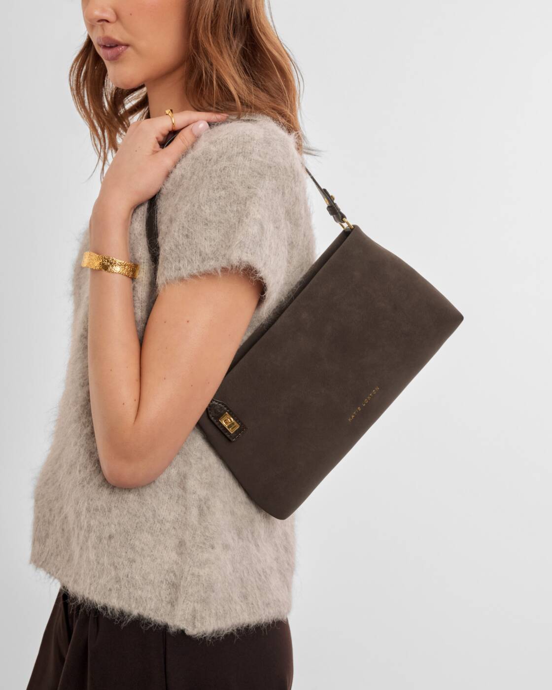 Katie Loxton Bitter Chocolate Suedette Orin Twist Lock Small Shoulder Bag