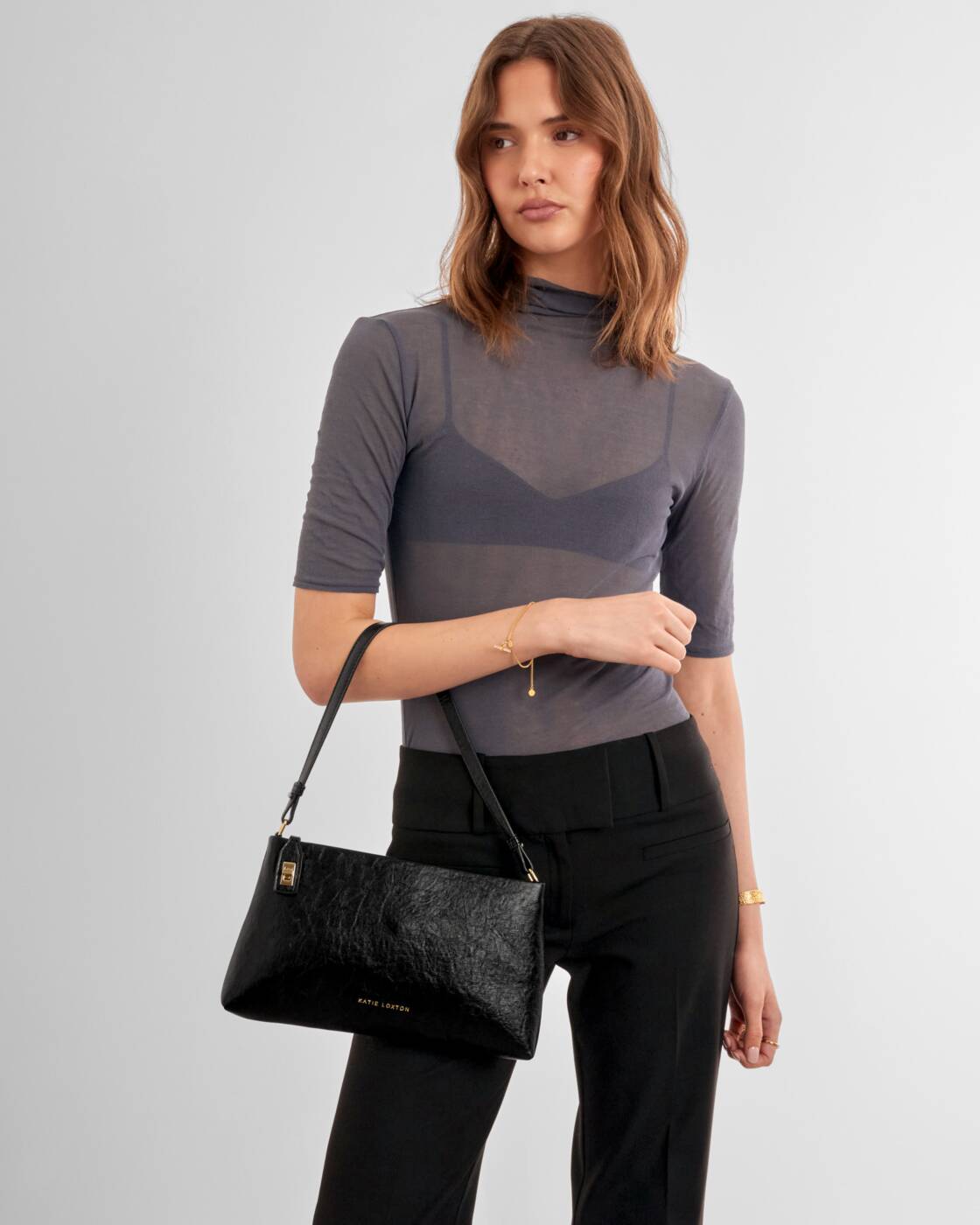 Katie Loxton Distressed Black Orin Twist Lock Small Shoulder Bag
