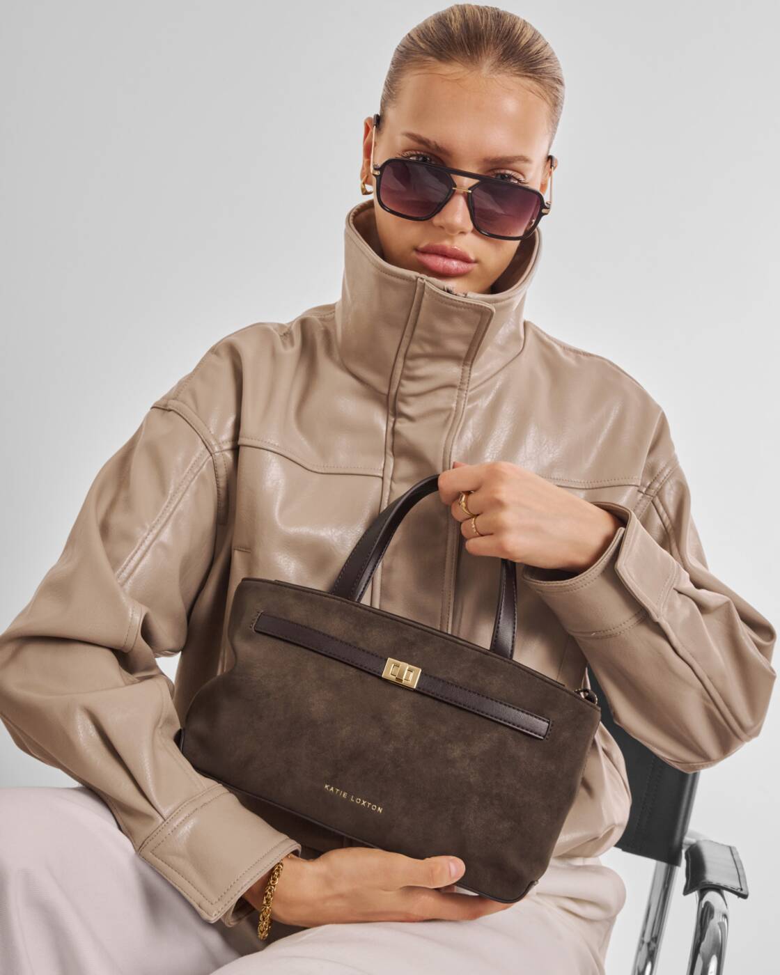 Katie Loxton Bitter Chocolate Suedette Orin Top Handle Crossbody Bag