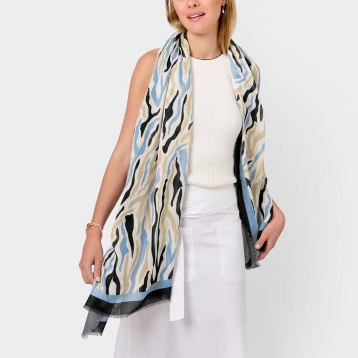 Katie Loxton Ecru, Blue & Black Abstract Zebra Printed Scarf