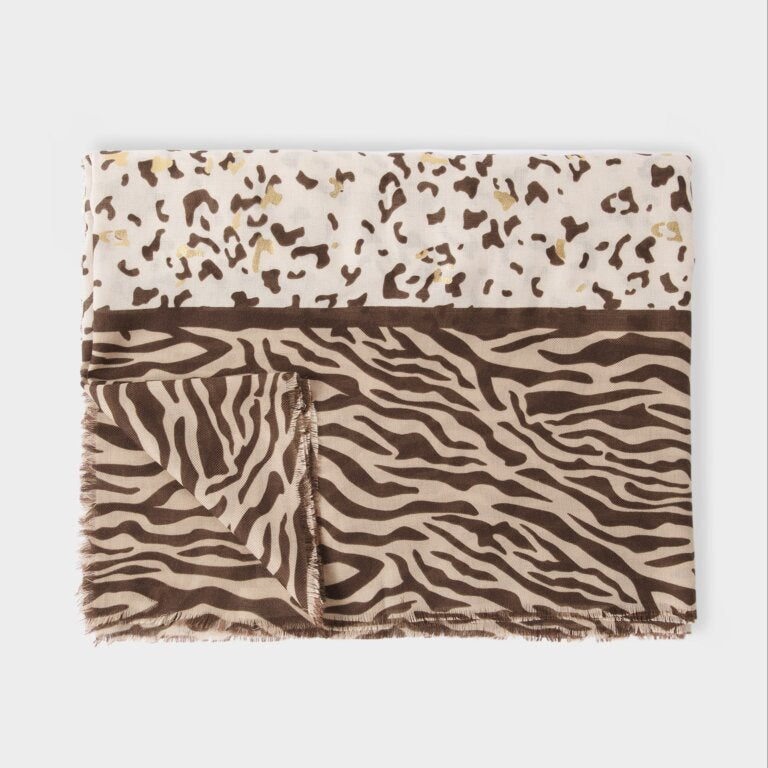 Katie Loxton Chocolate & Ecru Animal Printed Foil Scarf