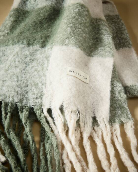 Katie Loxton Graphite Green Off White Recycled Checked Tassel Scarf