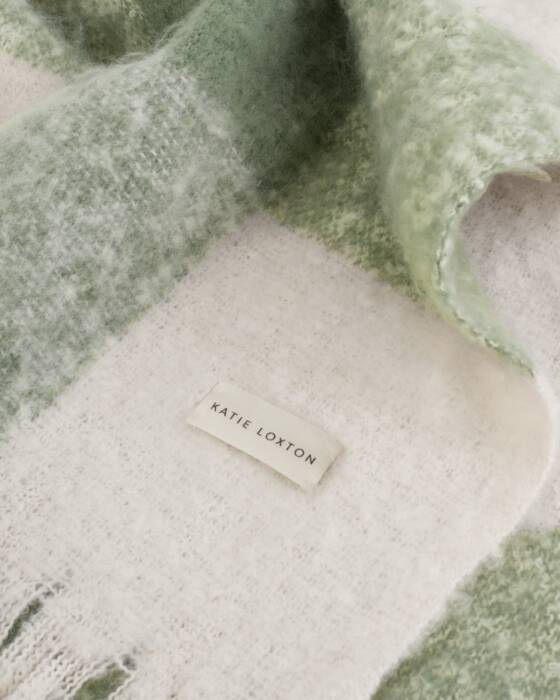 Katie Loxton Graphite Green Off White Recycled Checked Tassel Scarf