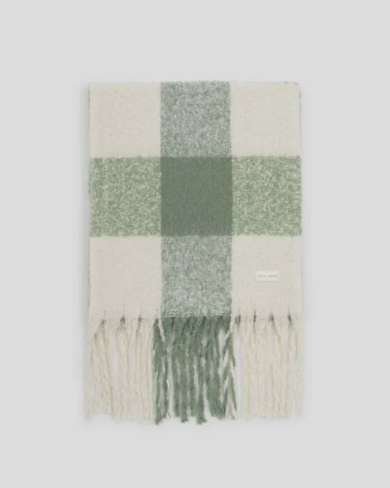 Katie Loxton Graphite Green Off White Recycled Checked Tassel Scarf