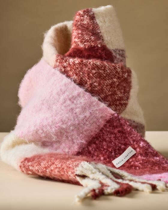 Katie Loxton Pink Burgundy Cream Recycled Checked Tassel Scarf