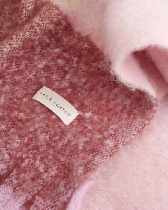 Katie Loxton Pink Burgundy Cream Recycled Checked Tassel Scarf